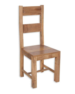 a wooden chair sitting on top of a wooden bench 